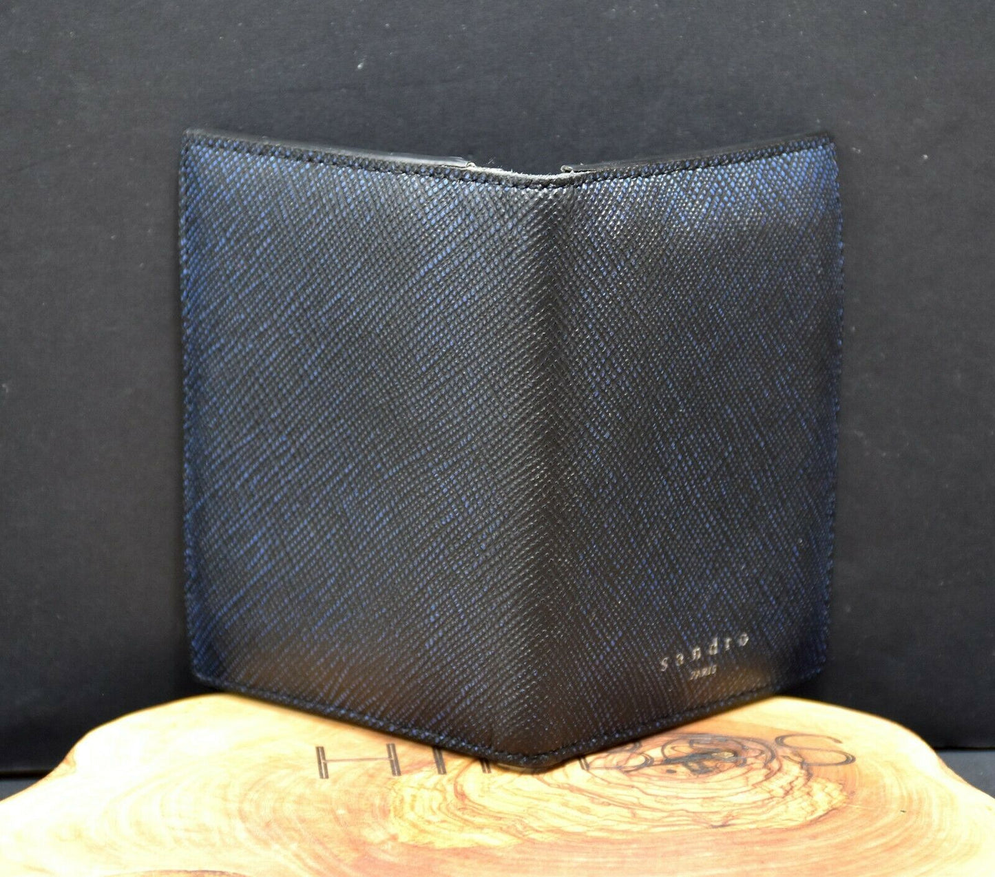 Sandro Leather Bifold Card Holder Embossed Logo Wallet Blue Authentic