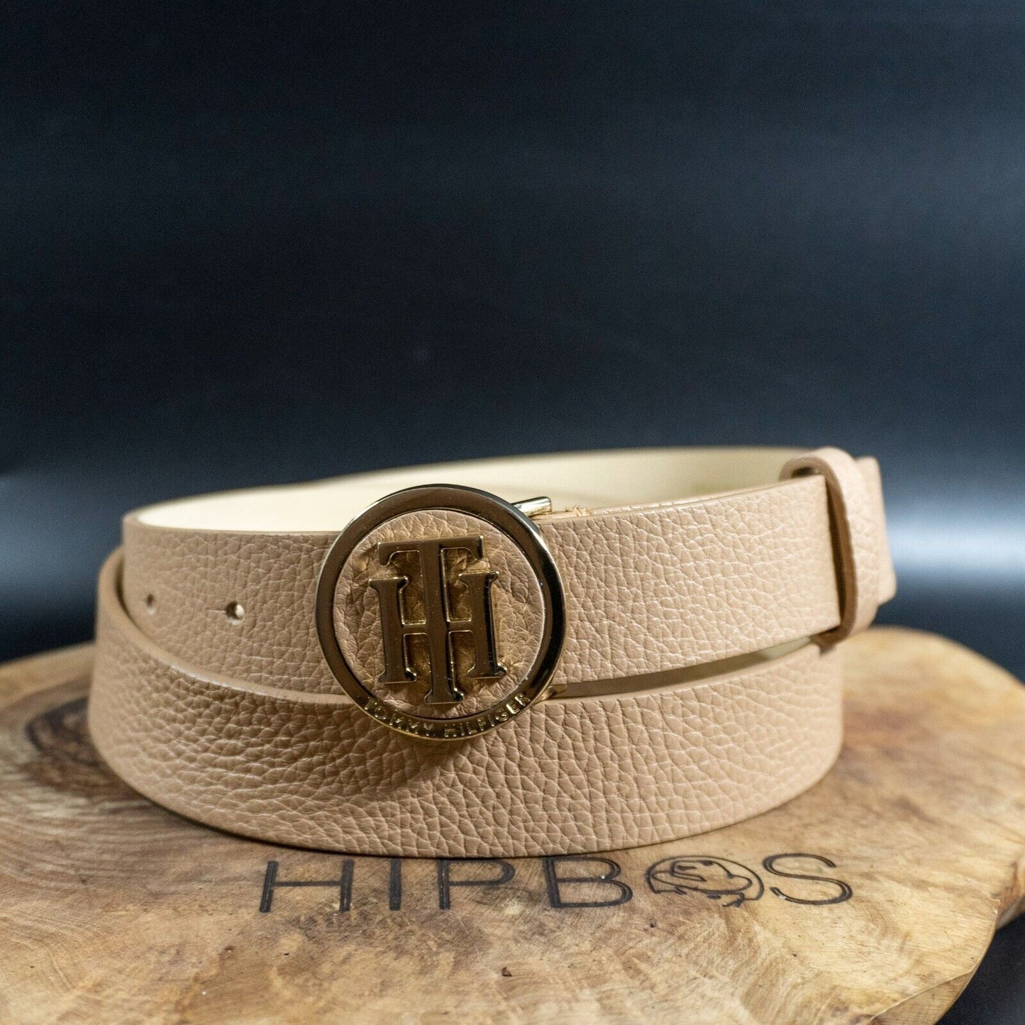 Tommy Hilfiger Womens Belt Logo Buckle Belt Leather Jeans Belt Beige Size 34 - VintageThing