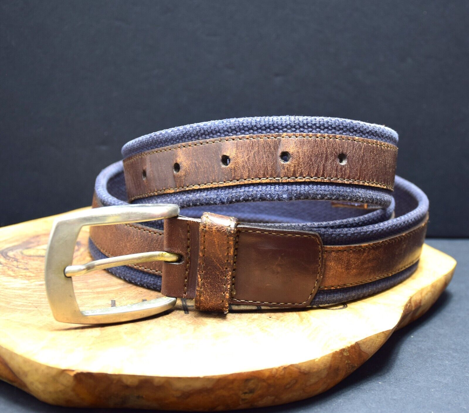 Scappino Vintage Mens Belt Fabric and Leather Jeans Belt Blue Brown Size 38 - VintageThing