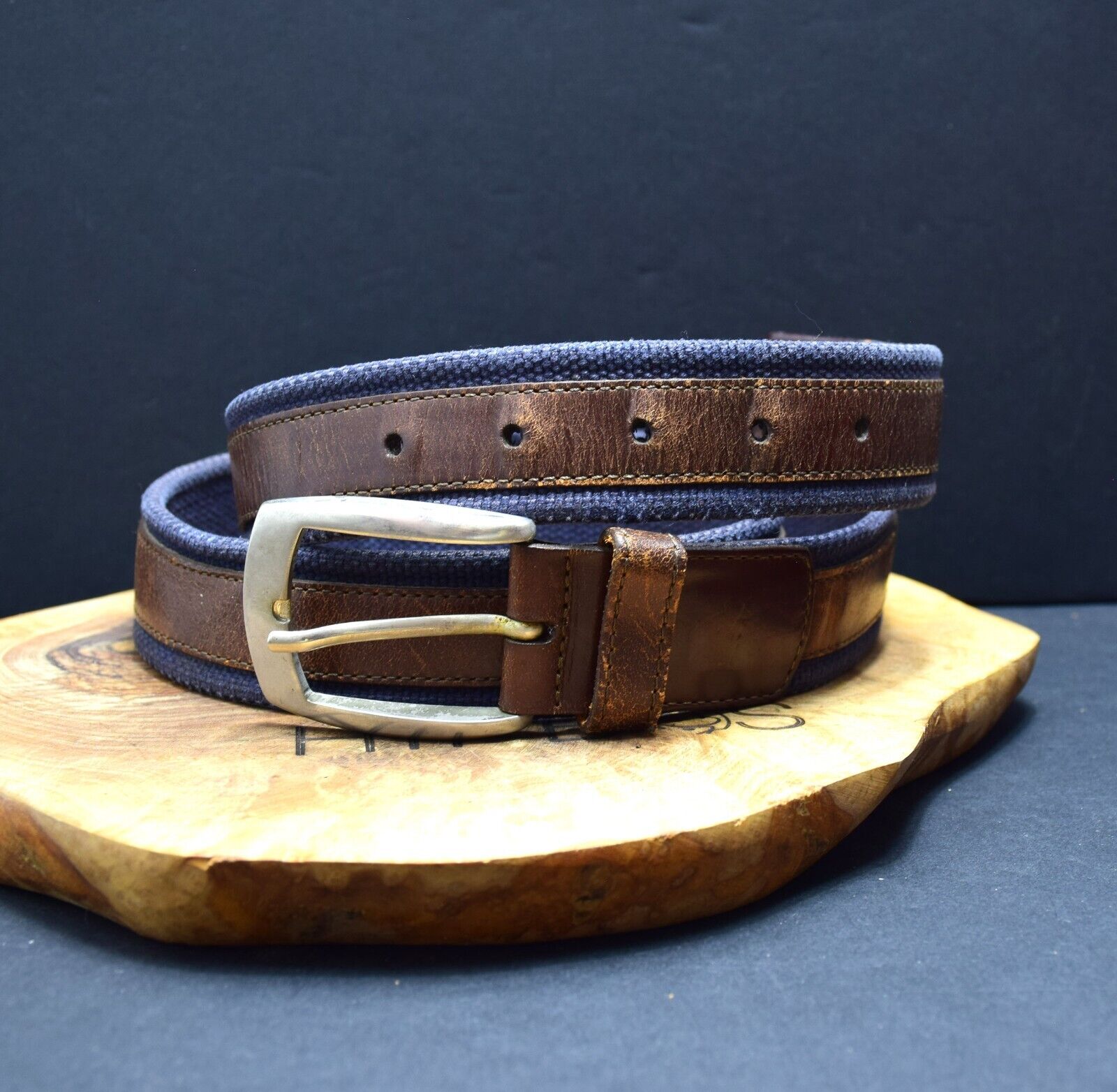 Scappino Vintage Mens Belt Fabric and Leather Jeans Belt Blue Brown Size 38 - VintageThing