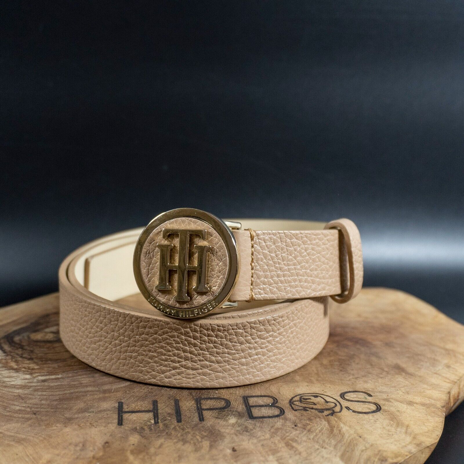 Tommy Hilfiger Womens Belt Logo Buckle Belt Leather Jeans Belt Beige Size 34 - VintageThing