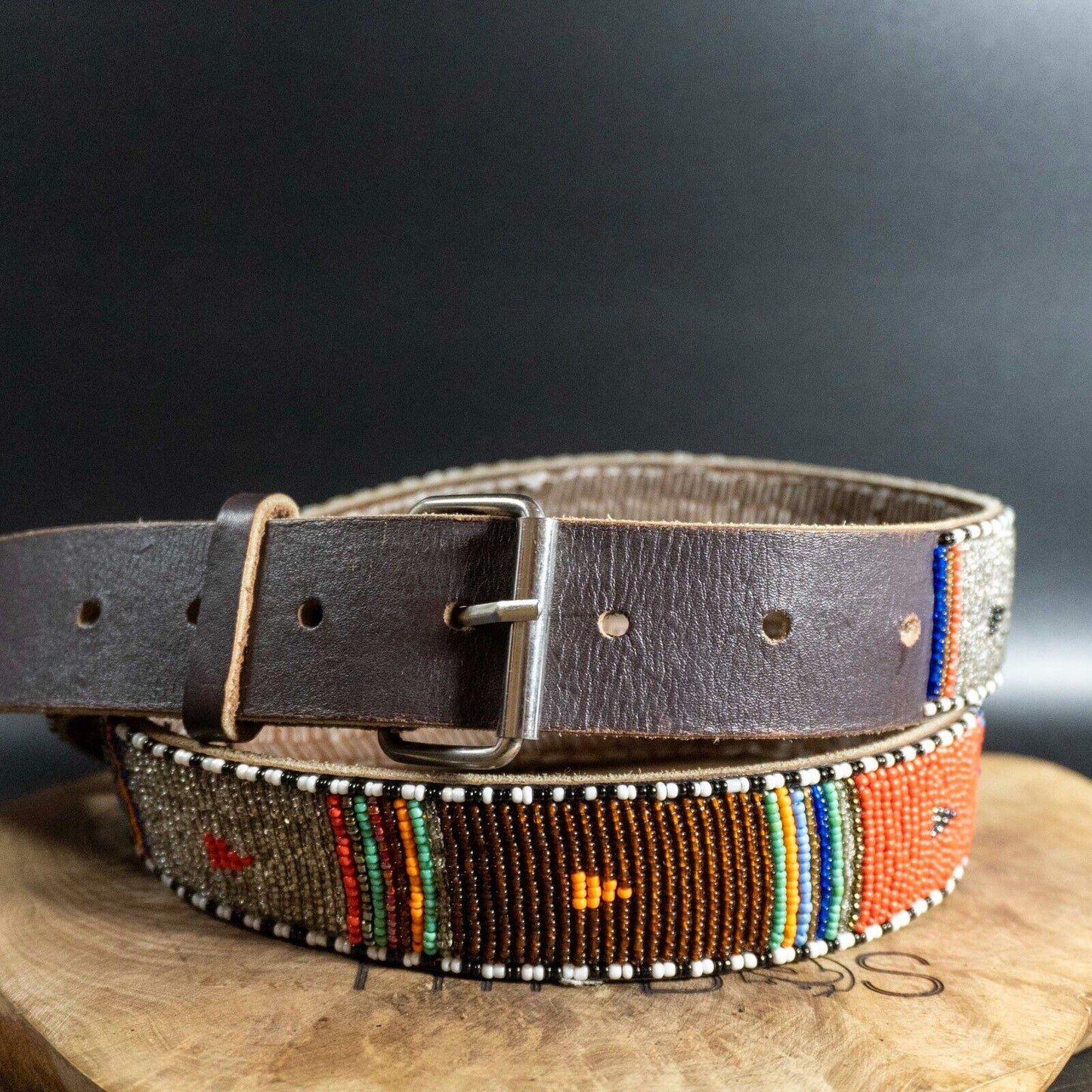 Vintage Mens Womens Belt Handmade Leather Jeans Belt Brown Beaded Size 36