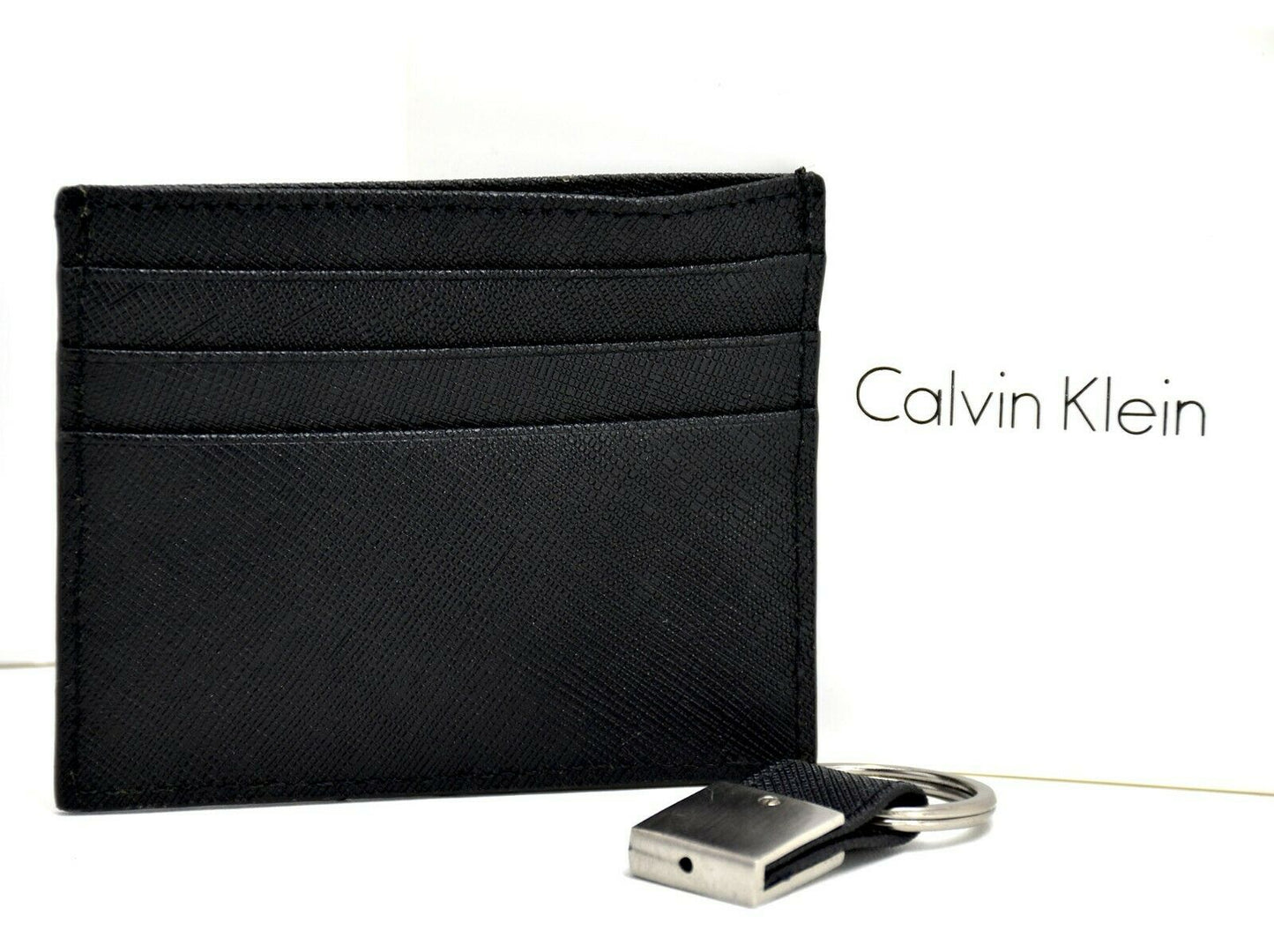 Calvin Klein Mens Leather RFIDCard Holder Wallet and Key Ring Set Black