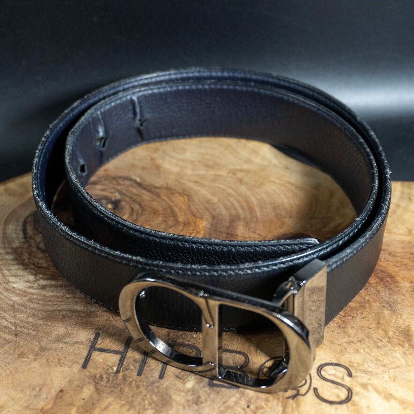 Dior Homme Mens Belt Leather CD Logo Buckle Belt Authentic Black Blue Size 32