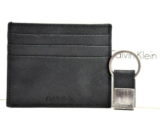 Calvin Klein Mens Leather RFIDCard Holder Wallet and Key Ring Set Black