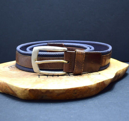 Scappino Vintage Mens Belt Fabric and Leather Jeans Belt Blue Brown Size 38 - VintageThing