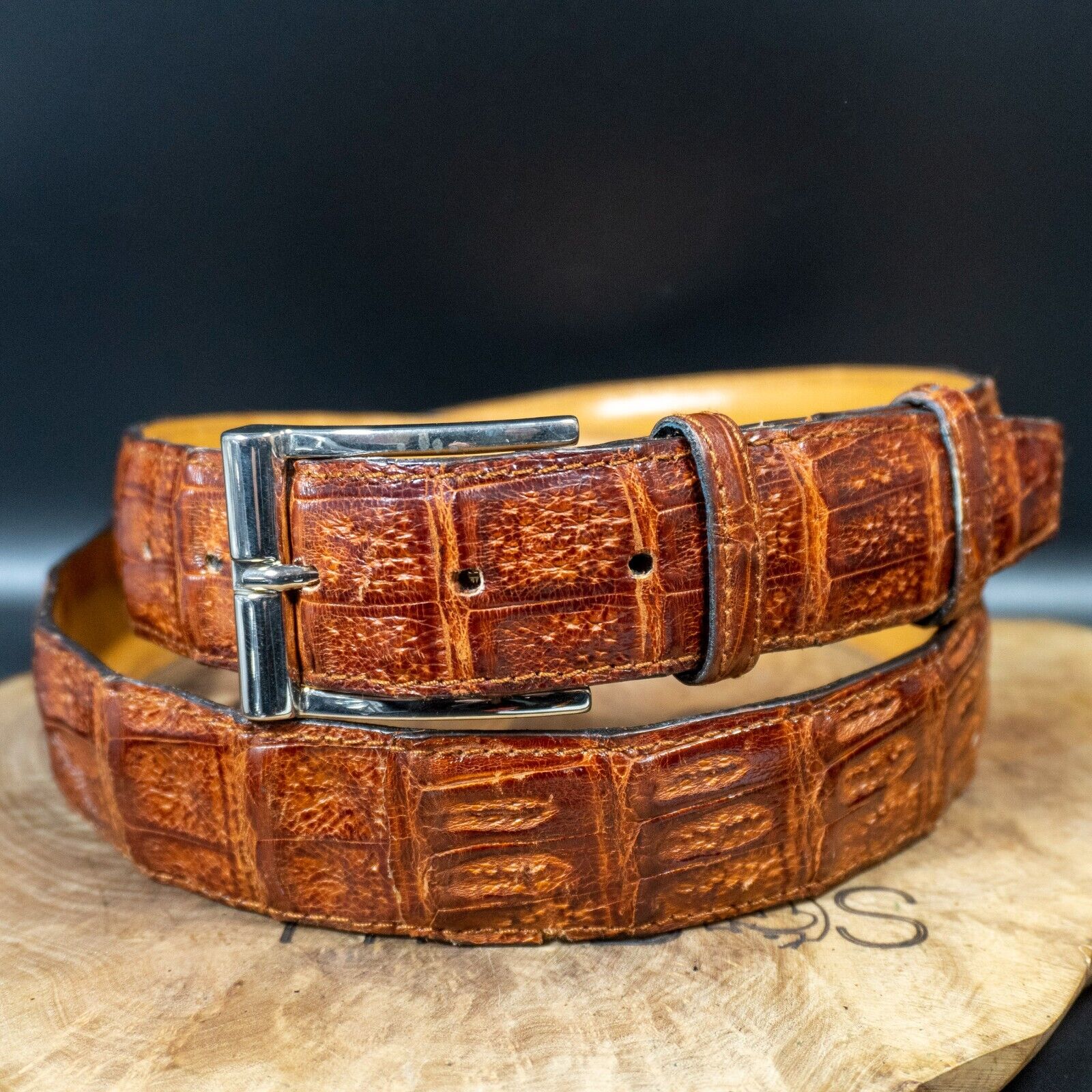 Vintage Mens Belt Vintage Crocodile Leather Italian Jeans Belt Brown Size 38 - VintageThing