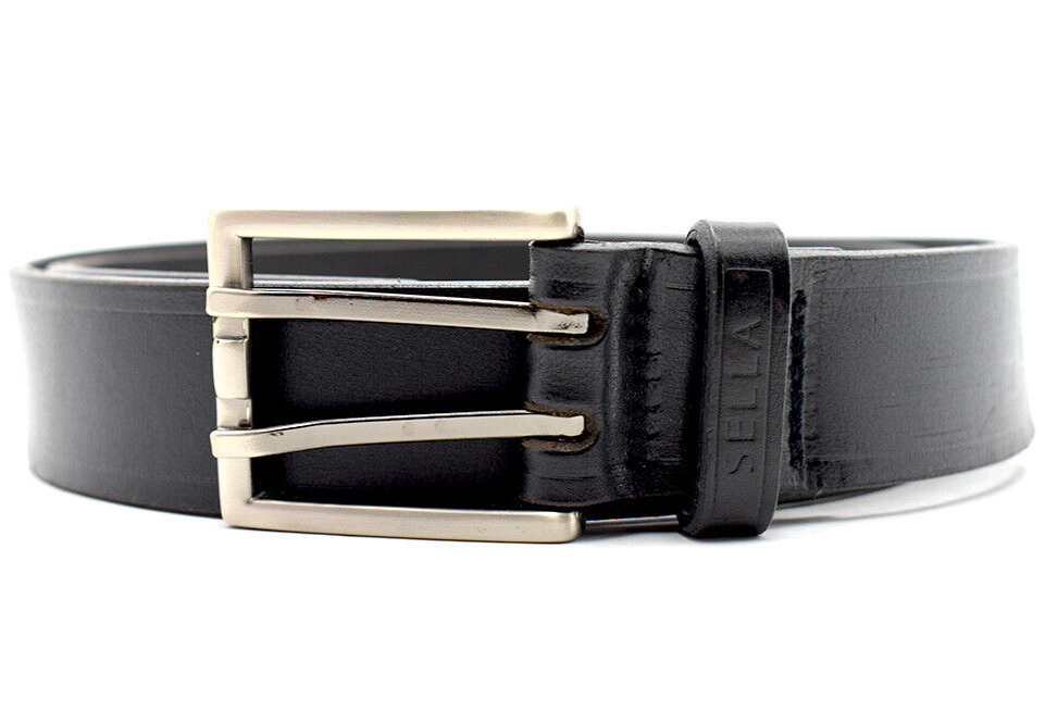 Sella Mens Belt Vintage Leather Double Pin Buckle Jeans Belt Black Size 36