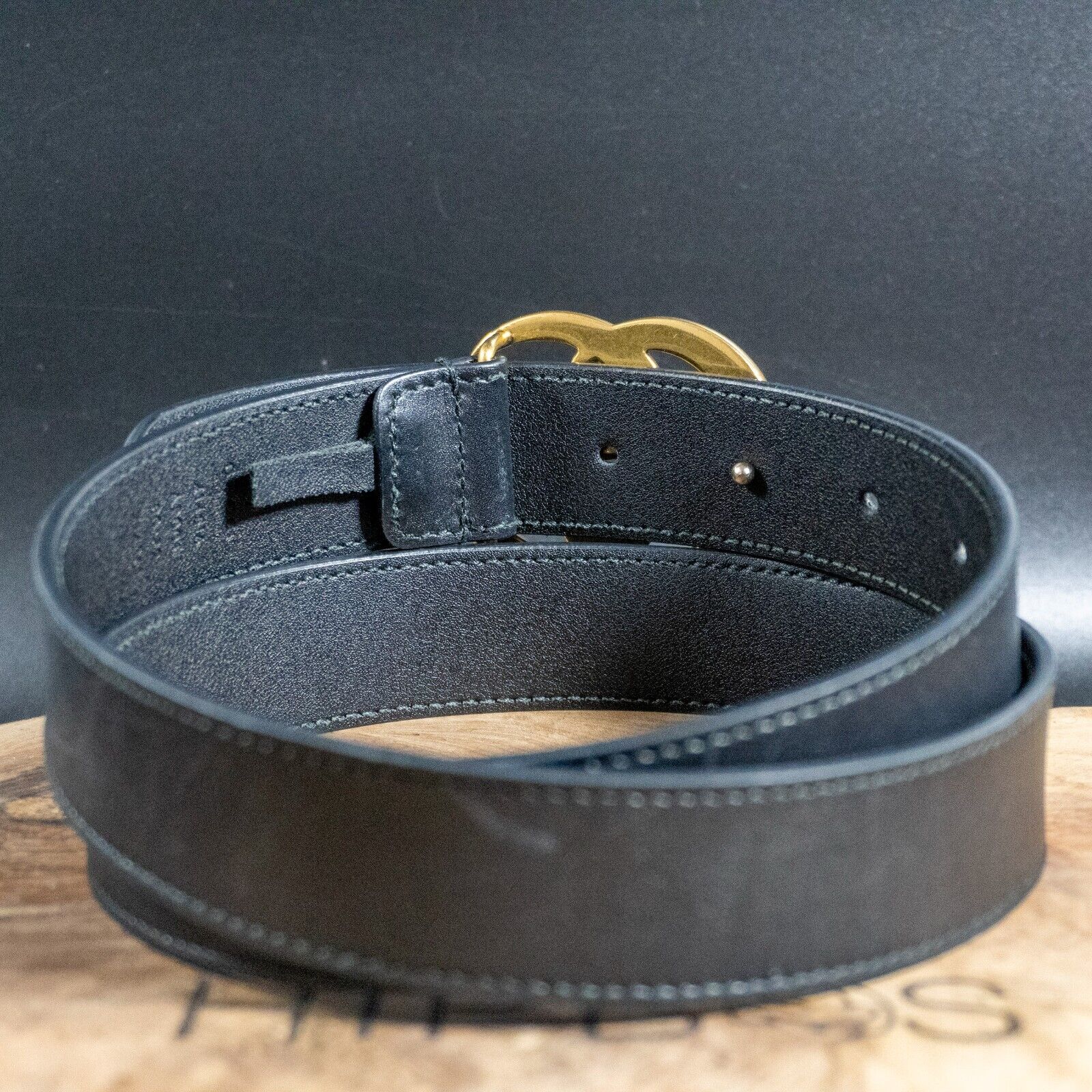 Gucci Mens Belt Slim Leather Belt with Double G Buckle Authentic Black Size 32 - VintageThing