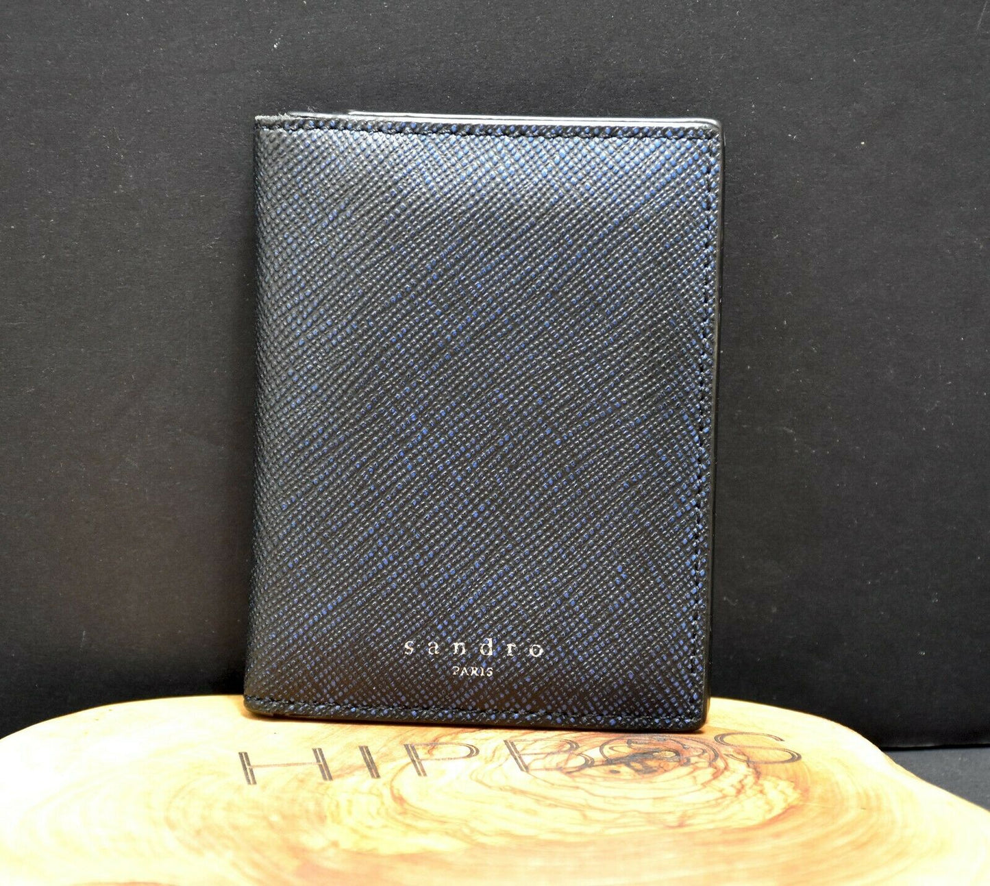 Sandro Leather Bifold Card Holder Embossed Logo Wallet Blue Authentic