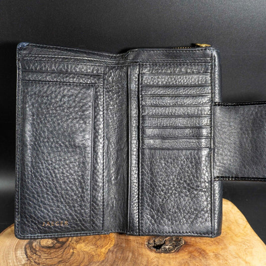 Jaeger Womens Purse Wallet Leather Snap Closure Wallet Large Size Black