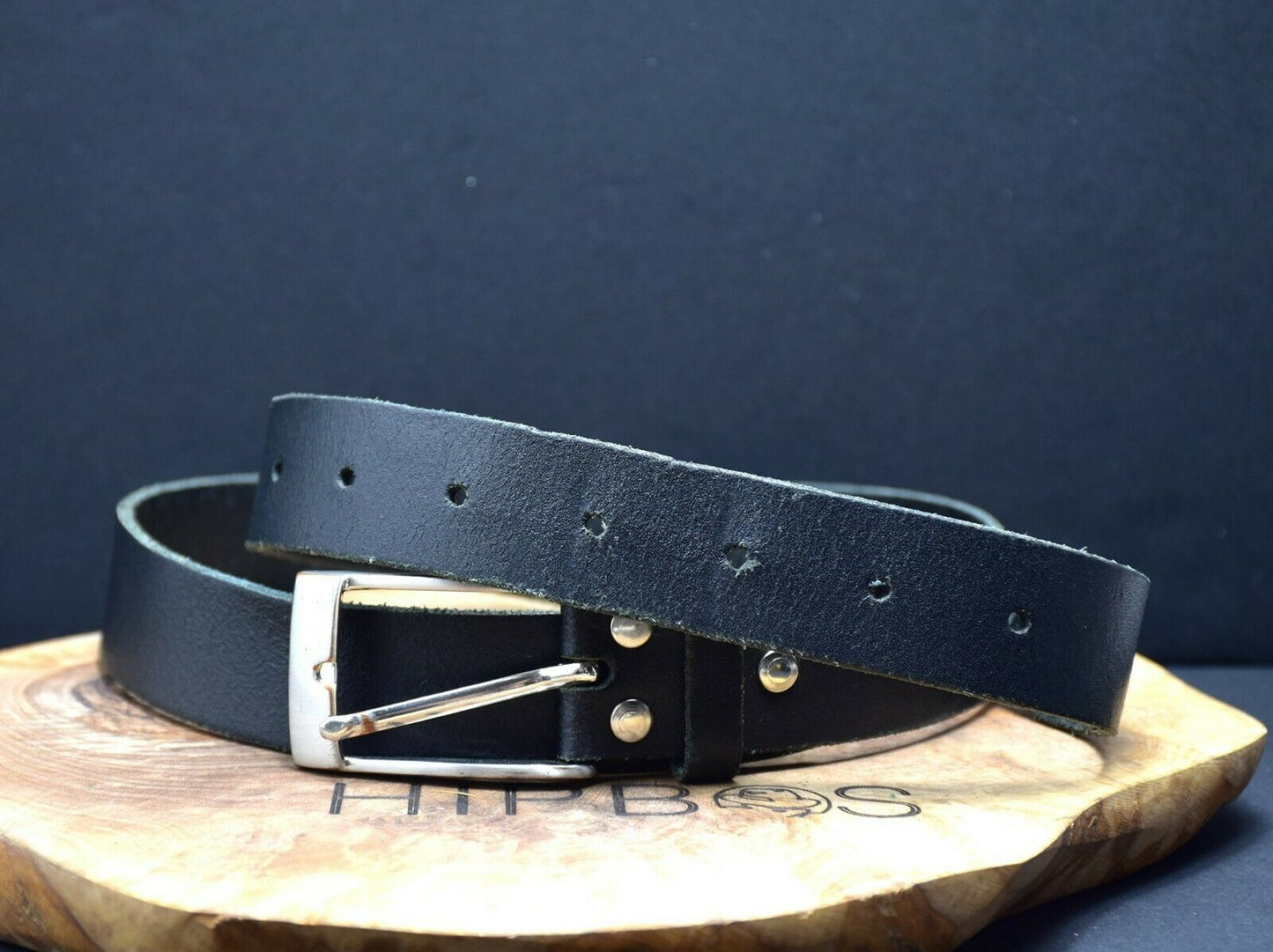 Vintage Handmade Mens Leather Jeans Belt Black Size 34 - VintageThing