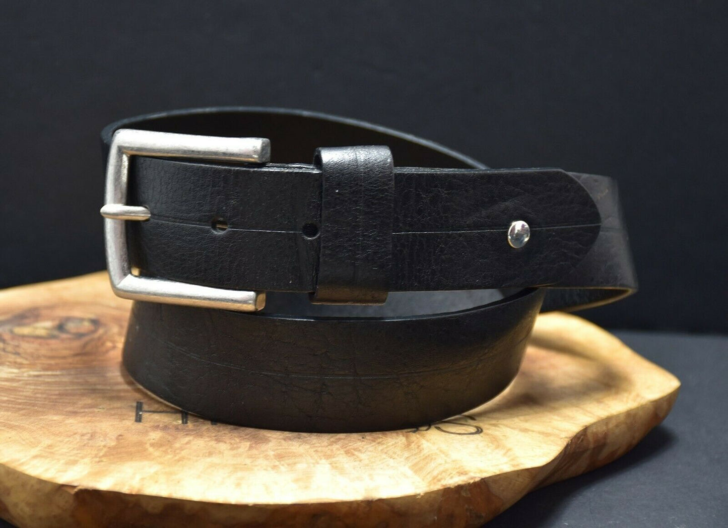 Vintage Handmade Mens Leather Jeans Belt Black Size 30 - VintageThing