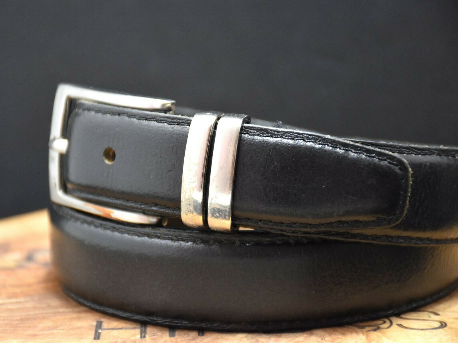 Vintage Mens Leather Jeans Belt Black Size 38 - VintageThing