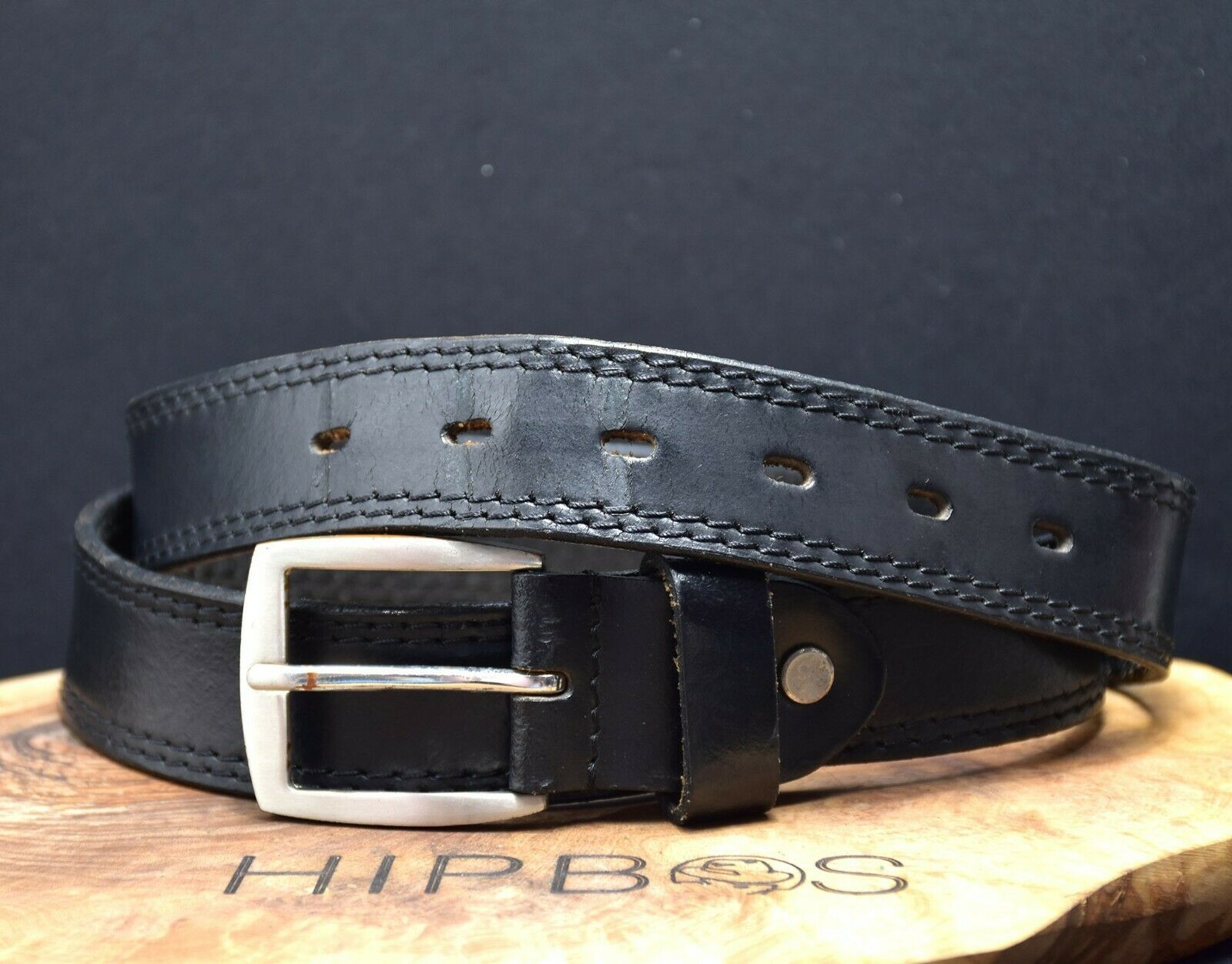 Vintage Mens Leather Jeans Belt Black Size 36 - VintageThing