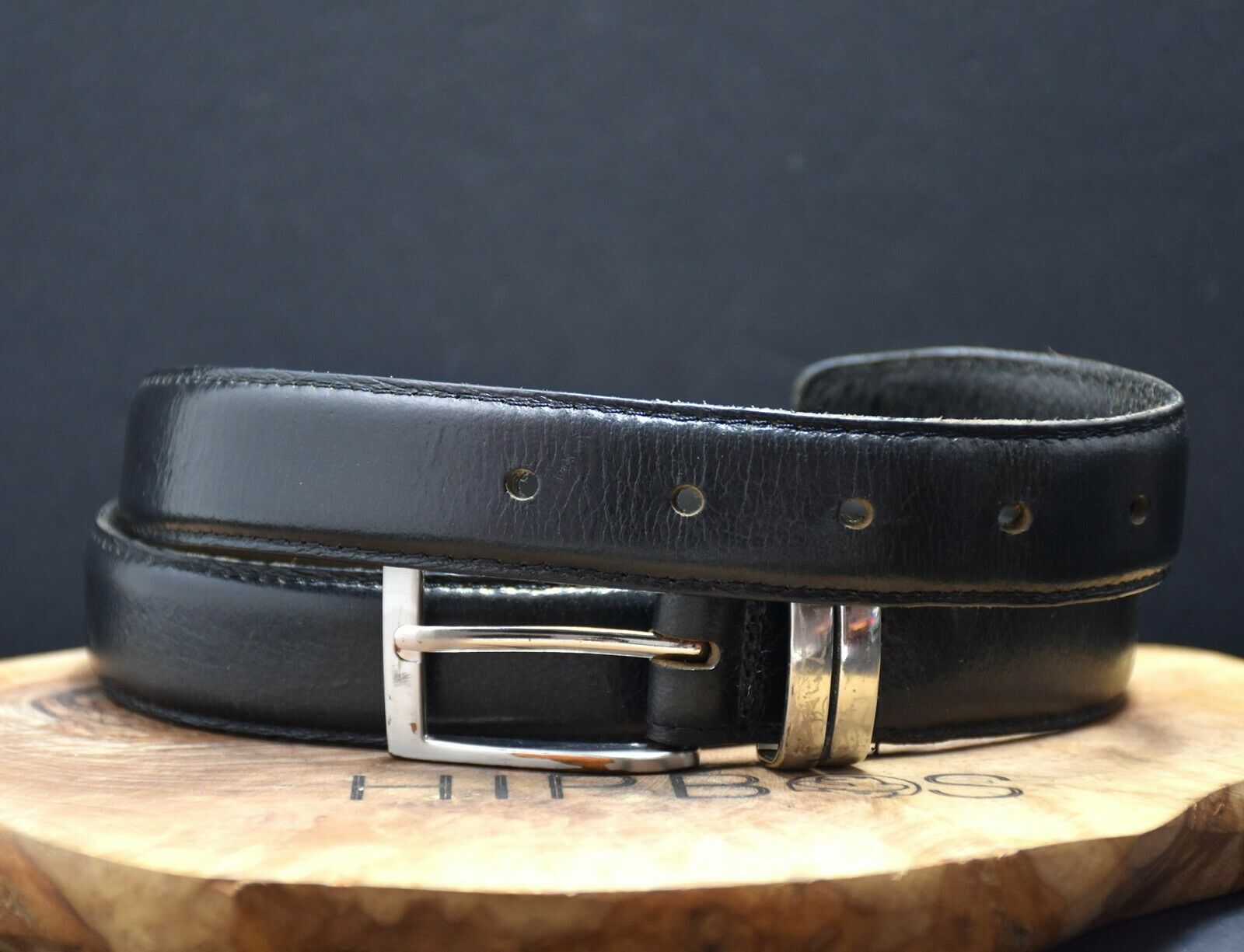 Vintage Mens Leather Jeans Belt Black Size 38 - VintageThing