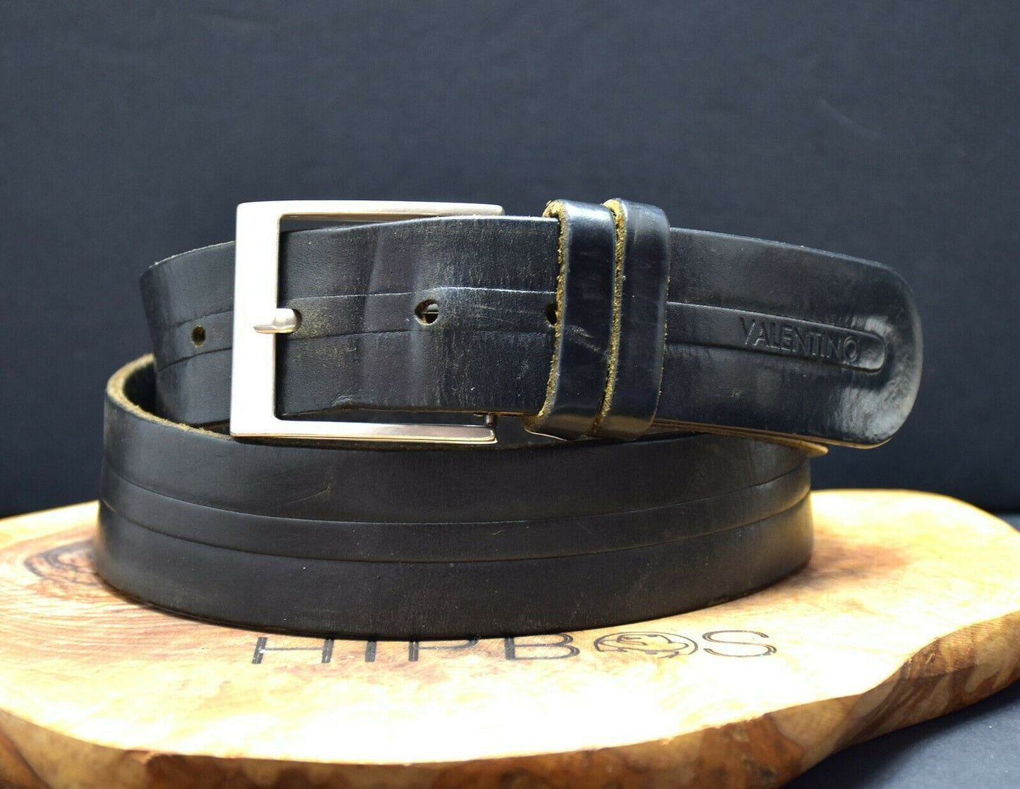 Vintage Handmade Mens Leather Jeans Belt Black Size 32 - VintageThing