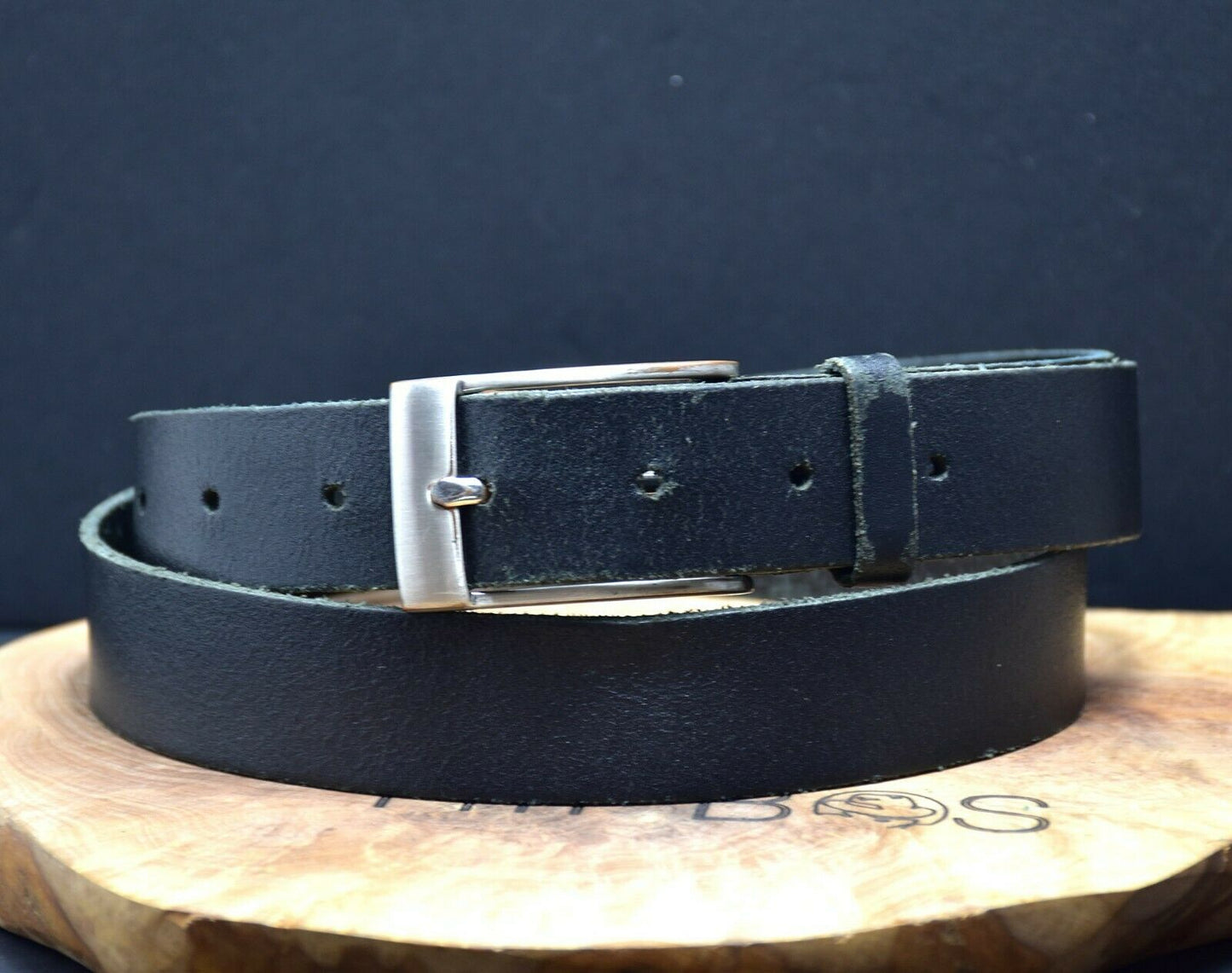 Vintage Handmade Mens Leather Jeans Belt Black Size 34 - VintageThing