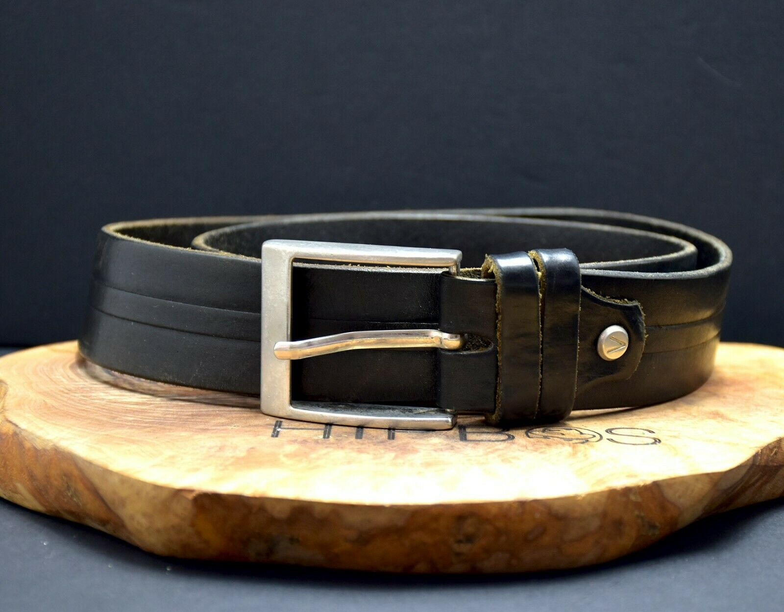 Vintage Handmade Mens Leather Jeans Belt Black Size 32 - VintageThing