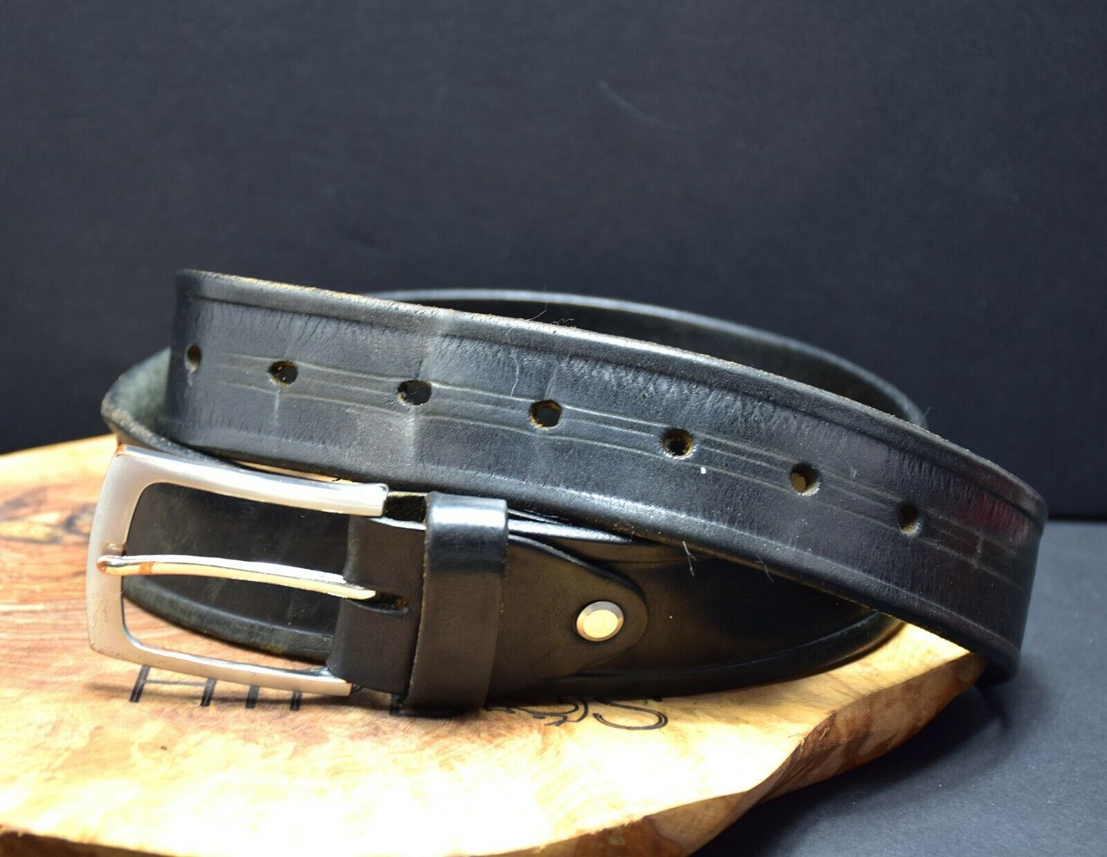 Vintage Mens Leather Jeans Belt Black Size 34 - VintageThing