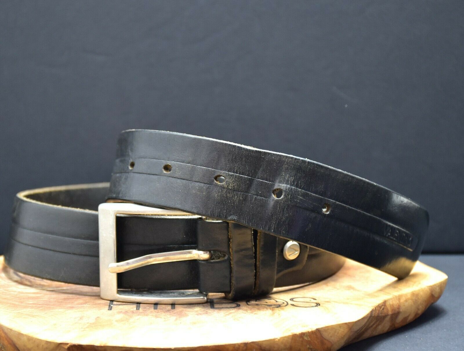 Vintage Handmade Mens Leather Jeans Belt Black Size 32 - VintageThing