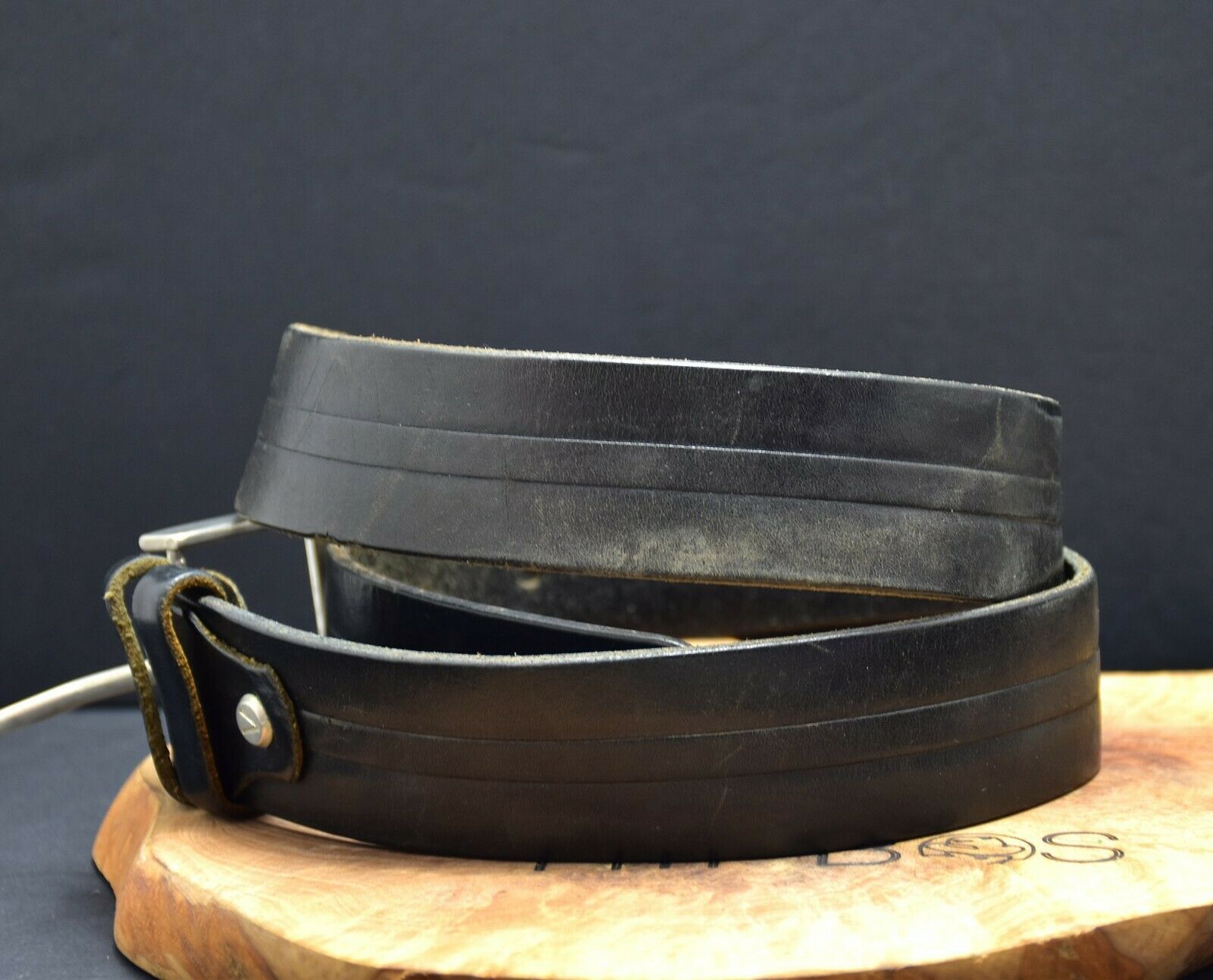 Vintage Handmade Mens Leather Jeans Belt Black Size 32 - VintageThing