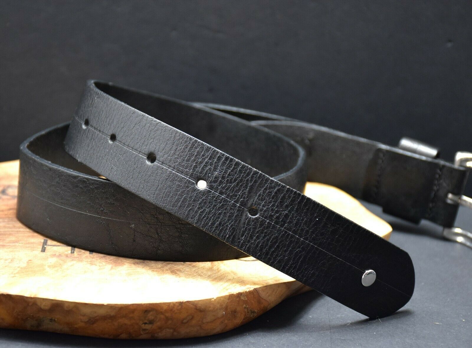 Vintage Handmade Mens Leather Jeans Belt Black Size 30 - VintageThing