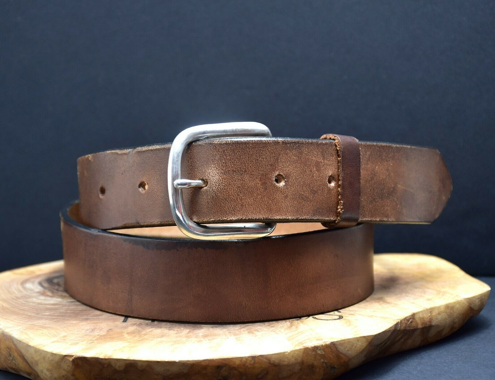 Barsony Mens Leather Hand Crafted Leather Belt Brown Size 36 - VintageThing